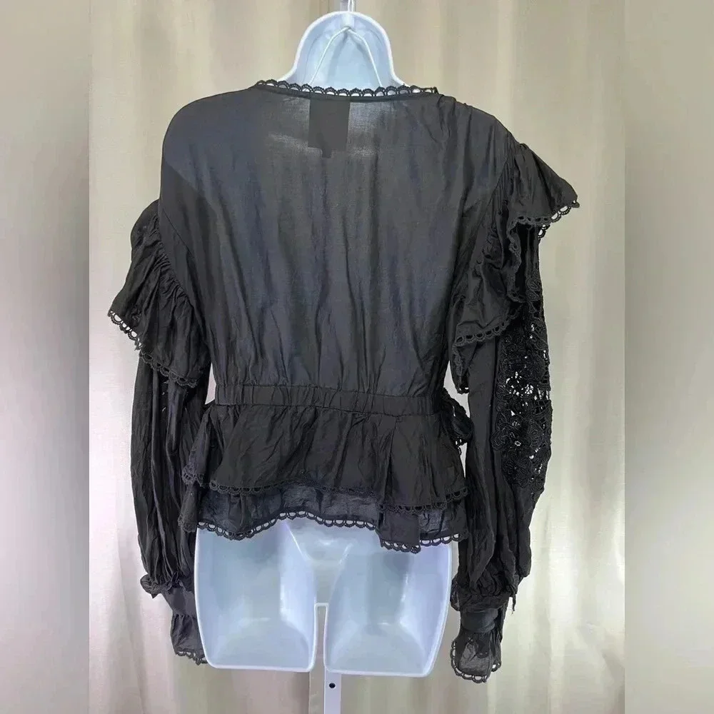 Farm Rio Black Lace Sleeve Ruffled Blouse (Size S) - Picture 3 of 13